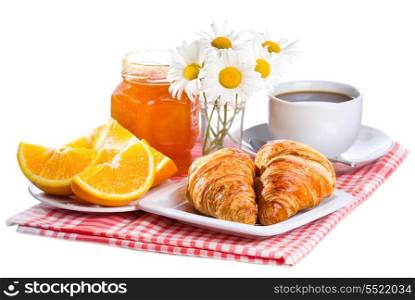 breakfast with croissants, jam, oranges and coffee