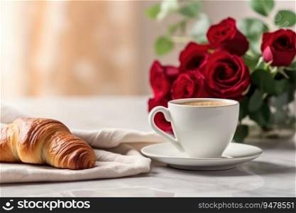 Breakfast with Cup of Coffee, fresh Croissants and red Roses Flowers. Generative AI