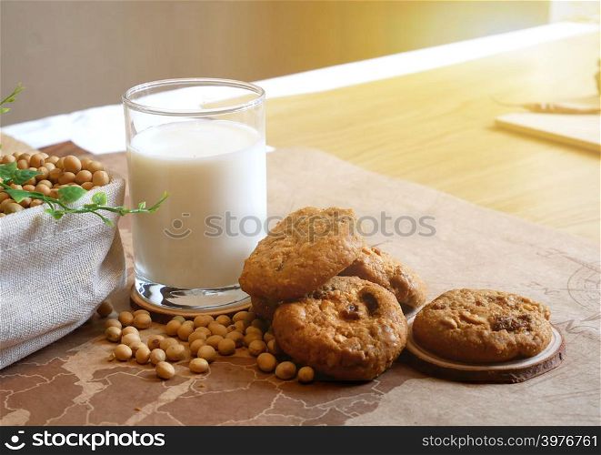 Breakfast with glass of soy milk and cookies. Food and healthy concept.