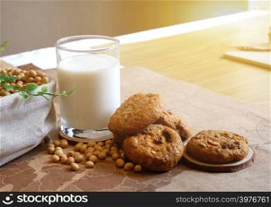 Breakfast with glass of soy milk and cookies. Food and healthy concept.