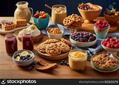 Breakfast with Peanut butter spread tasty dishes, such as peanut butter smoothies, peanut butter and fruit-topped pancakes and granola yogurt bowls. Generative Ai