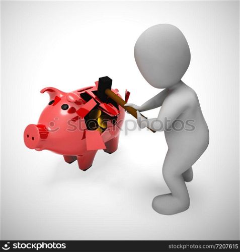 Breaking a piggy bank to access savings or cash. Depicts financial crisis poverty and debt bankruptcy - 3d illustration