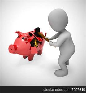 Breaking a piggy bank to access savings or cash. Depicts financial crisis poverty and debt bankruptcy - 3d illustration