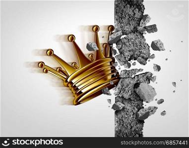 Breakthrough leadership business concept as a king crown breaking through a cement wall as a success and strong leader metaphor with 3D illustration elements.
