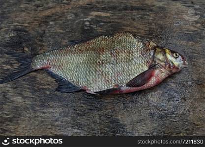 bream with large scales on the gray weathered wooden board, close to