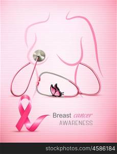 Breast cancer awareness background with a stethoscope and a female body outline. Vector.