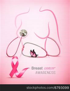Breast cancer awareness background with a stethoscope and a female body outline. Vector.