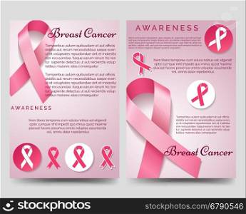 Breast cancer awareness brochure template. Breast cancer awareness brochure flyers template with pink ribbons vector