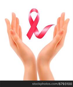 Breast cancer awareness. Hands holding a stethoscope with a pink ribbon. Vector.