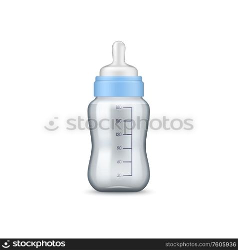 Breast milk in bottle with measuring scale isolated. Vector newborn infants nutrition food. Breastfeeding, baby milk bottle with pacifier