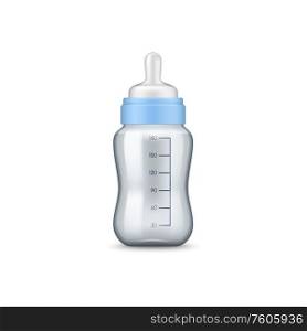 Breast milk in bottle with measuring scale isolated. Vector newborn infants nutrition food. Breastfeeding, baby milk bottle with pacifier