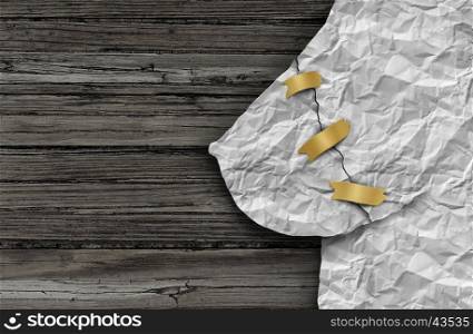 Breast surgery and mastectomy health concept as crumpled paper shaped as a mammary gland on rustic wood representing female medical issues related to breast feeding or cancer in a 3D illustration style.