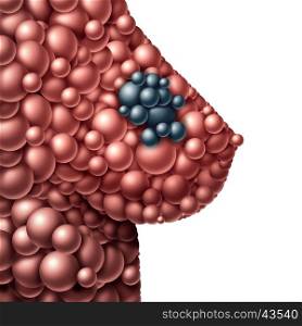 Breast tumor and mammary gland cancer symbol as a cancerous growth symptom and diagnosis on a female anatomy made of abstract spheres with a malignant lump or mass as a 3D illustration.