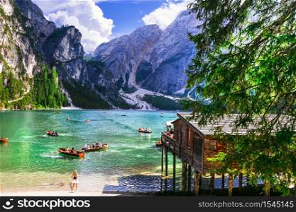 Breathtaking Alpine scenery, Dolomites mountains. Lake Lago di Braies. South Tyrol, Italy. 27.08.2019. Mountain lake scenery - wonderful Lago di Braies