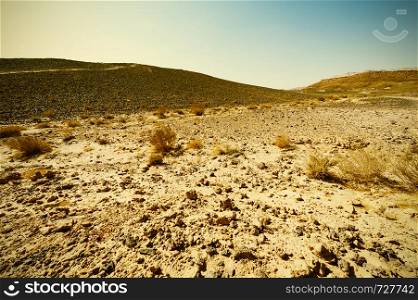 Breathtaking landscape of the rock formations in the Israel desert. Dusty mountains interrupted by wadis and deep craters. Vintage Style Desert