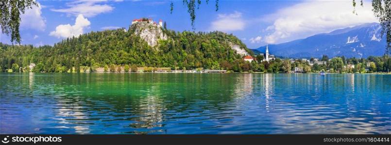 Breathtaking scenery of lake Bled in Slovenia, one of the most beautiful and dramatic lakes of Europe