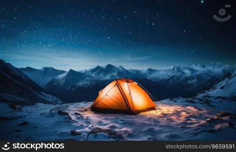 Breathtaking winter landscape with a tent on a snow-covered peak under a starry sky, surrounded by majestic mountains. AI Generative. Breathtaking winter landscape with a tent on a snow-covered peak under a starry sky. AI Generative