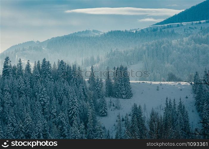 Breathtaking winter mountain landscape covered with snow, forests in the misty distant backdrop. Picturesque and peaceful wintry scene European resort location. Sunny day with clouds. Copy space