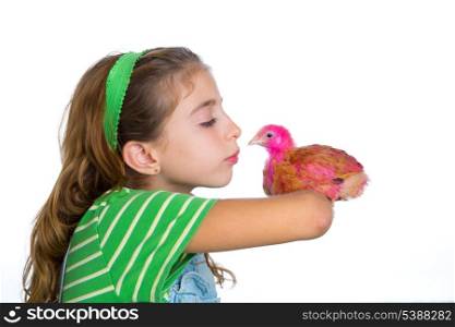 breeder hens kid girl rancher farmer kissing a chicken chick white background
