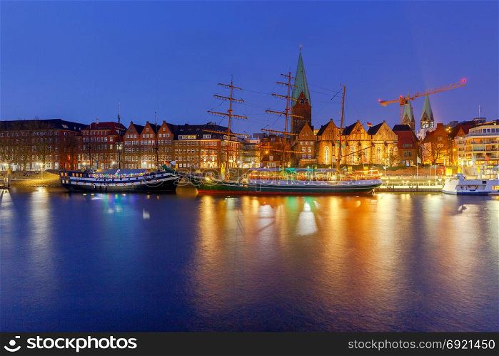 Bremen. Embankment Schliachte.. A view of the Schliachte embankment in the night illumination. Bremen. Germany.