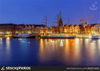 Bremen. Embankment Schliachte.. A view of the Schliachte embankment in the night illumination. Bremen. Germany.
