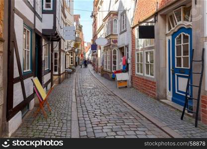 Bremen. Old picturesque streets.. The old narrow medieval street in the historic part of the city. Bremen. Germany.