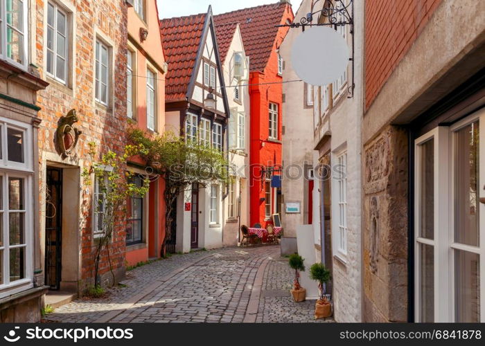 Bremen. Old picturesque streets.. The old narrow medieval street in the historic part of the city. Bremen. Germany.