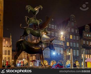 Bremen. The Bremen Town Musicians.. Statue of the Bremen musicians, donkey, dog, cat and rooster in the historic center of the Old Town.