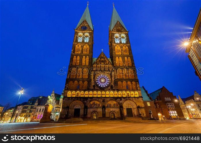 Bremen. The central market square. Bremen Cathedral.. Old medieval market square in the historic part of the city. Bremen Cathedral. Bremen. Germany. Bavaria.