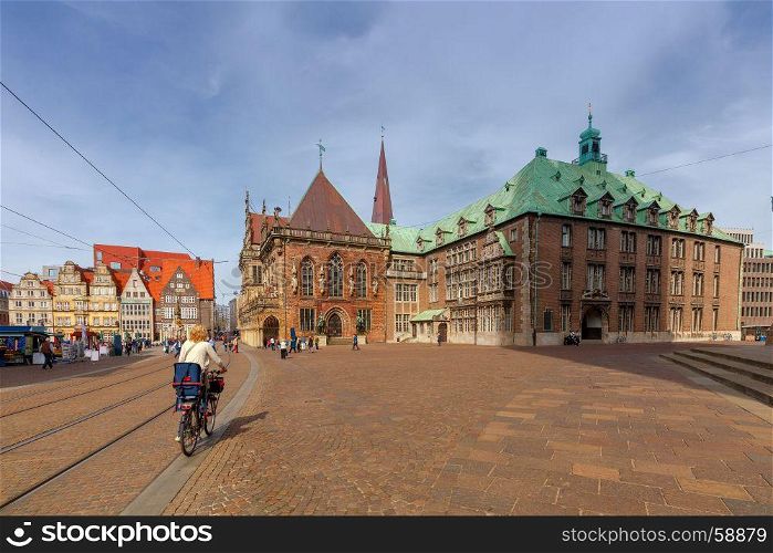Bremen. The central market square. Town Hall.. Old medieval market square in the historic part of the city. Bremen. Town Hall. Germany. Bavaria.