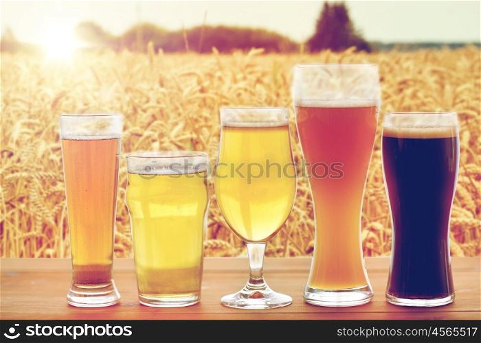 brewery, drinks and alcohol concept - close up of different beers in glasses on table over cereal field background