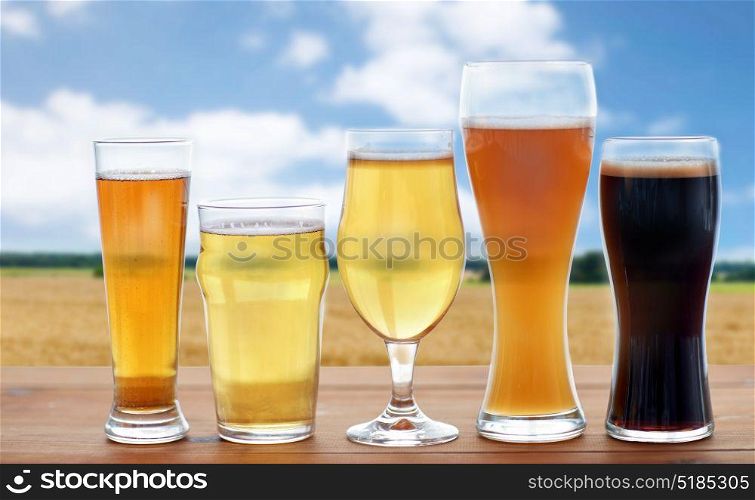 brewery, drinks and alcohol concept - different types of beer in glasses on table over cereal field and blue sky background. different types of beer glasses over cereal field