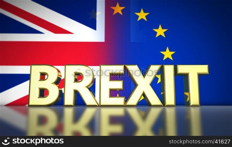 Brexit British referendum UK concept with golded sign and Union Jack and EU flag with transition effect on background 3D illustration.