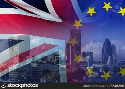  BREXIT concept image of London image and UK and EU flags overlaid symbolising agreement and deal being processed