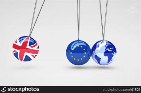 Brexit effect and global business consequences concept with Union Jack, EU flag on balls and world map globe 3D illustration.