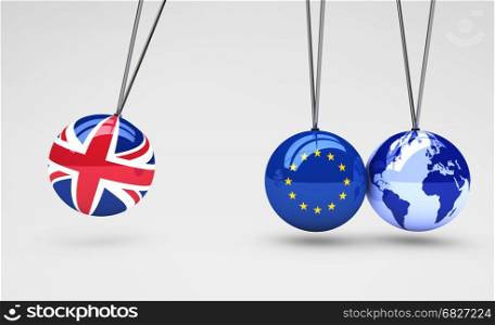 Brexit effect and global business consequences concept with Union Jack, EU flag on balls and world map globe 3D illustration.