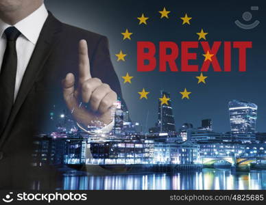 Brexit on United Kingdom membership of the European Union London skyline concept with businessman.