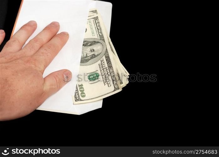 Bribe. Criminal activity, payoff. Money enclosed in an envelope