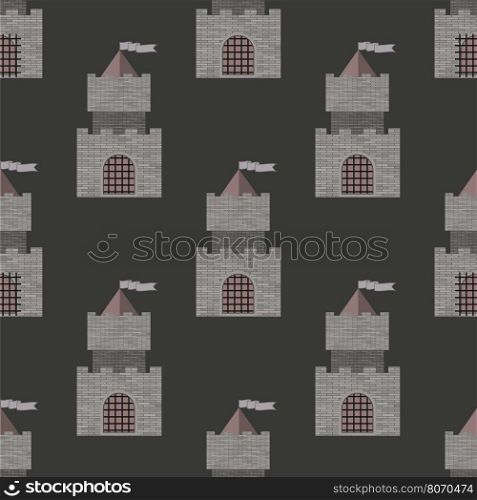 Brick Castle Seamless Pattern on Grey. Retro Tower Background.. Retro Tower Background.