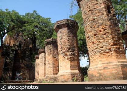 Brick columns and cham tower in Nha Trang in Vietnam