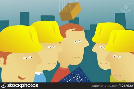 Brick falling on the head of an architect with four men wearing hardhats beside him