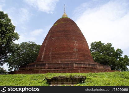 Brick Payamar Paya pagoda and green grass near Pyay, Myanmar