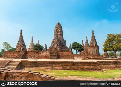 Brick ruins of ancient buddhist temple Wat Chai Watthanaram. Old architecture of Ayutthaya, Thailand