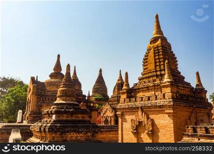 Brick temples with spires in southeast Asia, Bagan, Myanmar (Burma)