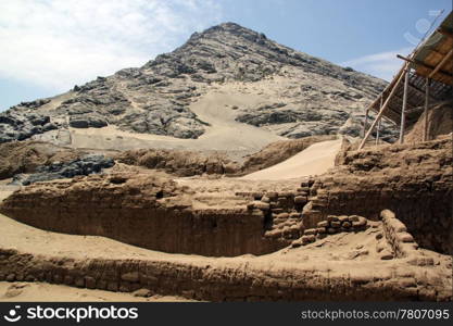 Brick wall and ruins in Huaca de la Luna, north Peru