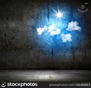 Brick wall. Background image of brick wall with sun and clouds