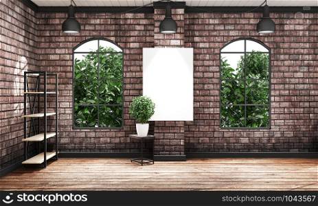 brick wall modern room interior. 3D rendering