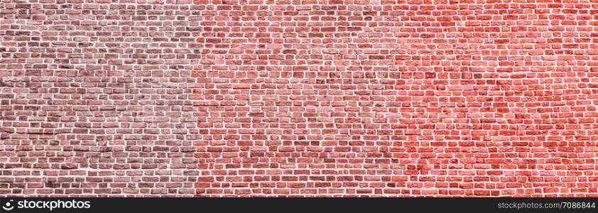 Brick wall, wide panorama of bright red masonry. Wall with small Bricks. Modern wallpaper design for web or graphic art projects. Abstract template or mock up.Three shades of coral. Brick wall, wide panorama of bright red masonry. Wall with small Bricks. Modern wallpaper design for web or graphic art projects. Abstract template or mock up.