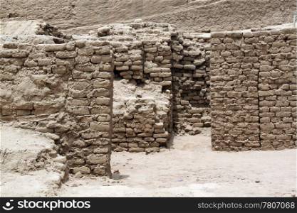Brick walls and ruins of temple Huaca de la Luna, north Peru