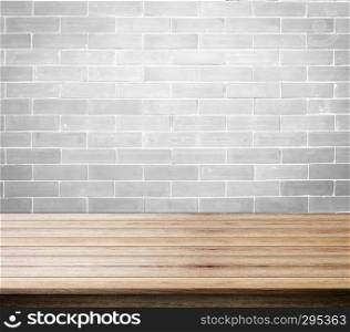 brick white background of blackboard free space for you and desk space, can be used for display your products.